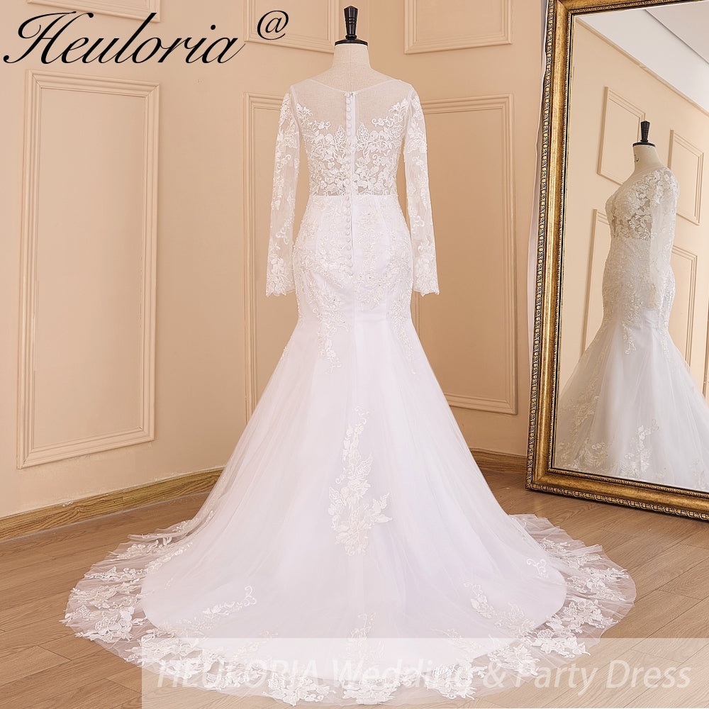 HEULORIA elegant mermaid Wedding Dresses long sleeve o neck lace beading plus size Bride Dress Robe de mariage customize ME-620