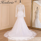 HEULORIA elegant mermaid Wedding Dresses long sleeve o neck lace beading plus size Bride Dress Robe de mariage customize ME-620