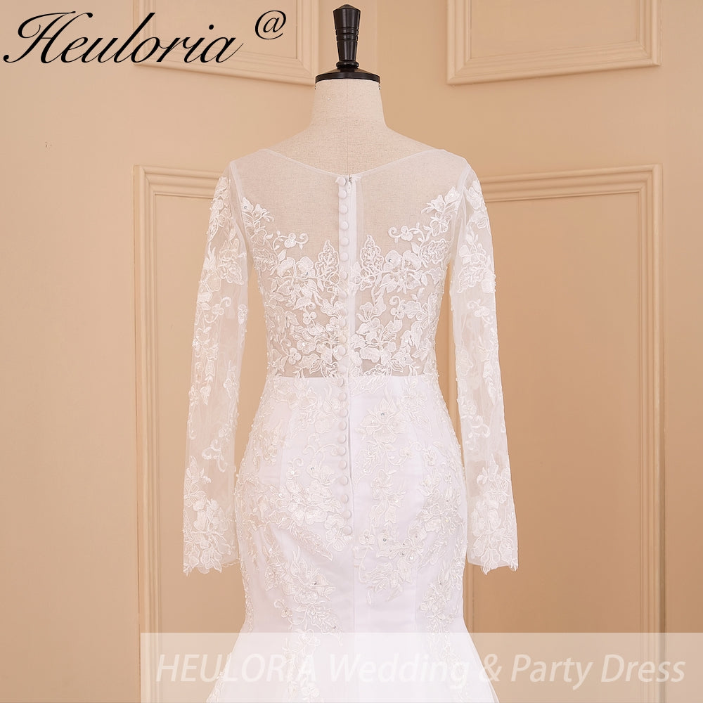HEULORIA elegant mermaid Wedding Dresses long sleeve o neck lace beading plus size Bride Dress Robe de mariage customize ME-620