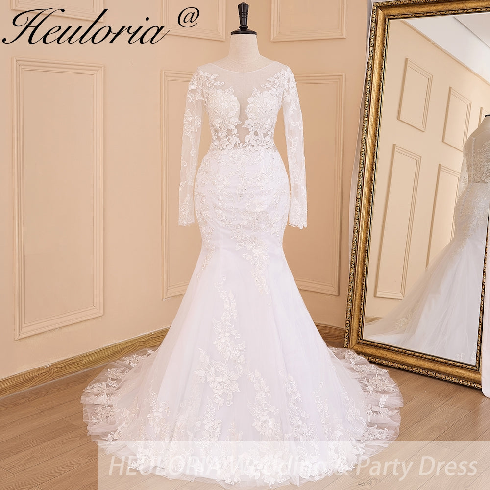 HEULORIA elegant mermaid Wedding Dresses long sleeve o neck lace beading plus size Bride Dress Robe de mariage customize ME-620