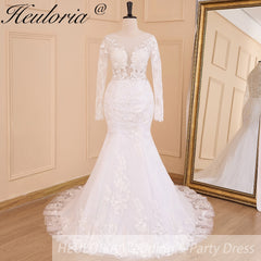 HEULORIA elegant mermaid Wedding Dresses long sleeve o neck lace beading plus size Bride Dress Robe de mariage customize ME-620