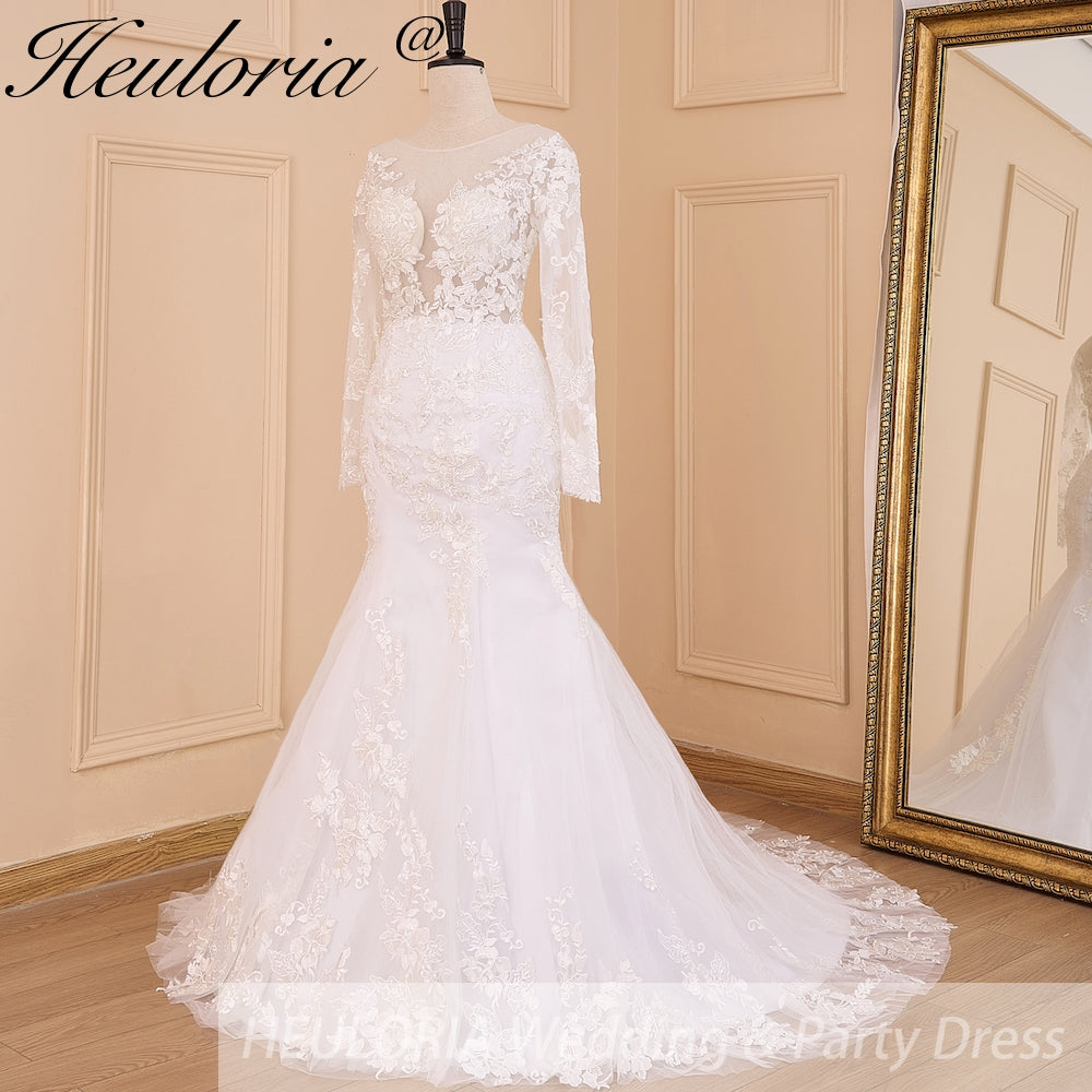 HEULORIA elegant mermaid Wedding Dresses long sleeve o neck lace beading plus size Bride Dress Robe de mariage customize ME-620
