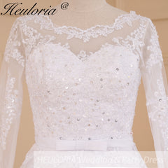 HEULORIA princess Wedding Dress long sleeve round neck bride dress lace beading lace up Plus size wedding gown BA-613