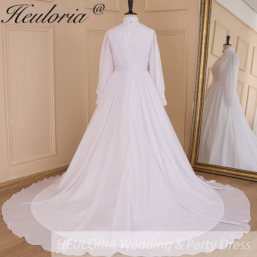 HEULORIA elegant lace beading Muslim ball gown Wedding Dress long sleeve high neck bride dress plus size bride Wedding Gown AL-615
