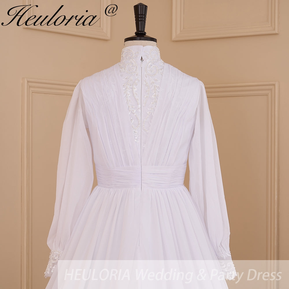 HEULORIA elegant lace beading Muslim ball gown Wedding Dress long sleeve high neck bride dress plus size bride Wedding Gown AL-615