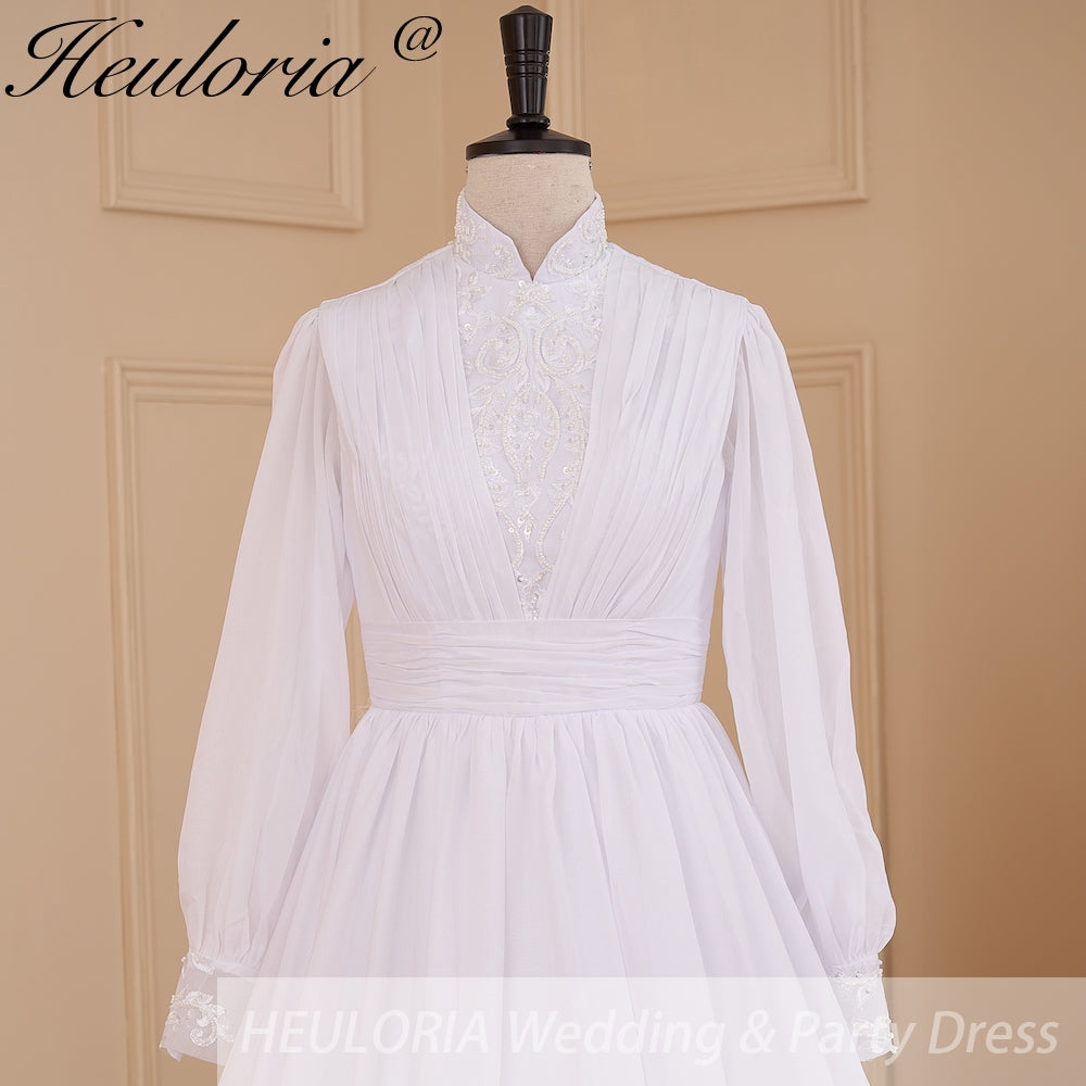 HEULORIA elegant lace beading Muslim ball gown Wedding Dress long sleeve high neck bride dress plus size bride Wedding Gown AL-615
