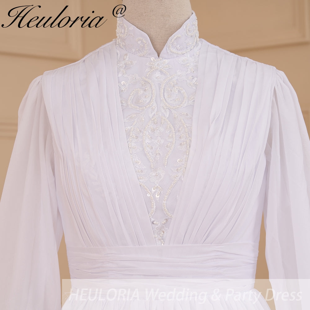 HEULORIA elegant lace beading Muslim ball gown Wedding Dress long sleeve high neck bride dress plus size bride Wedding Gown AL-615
