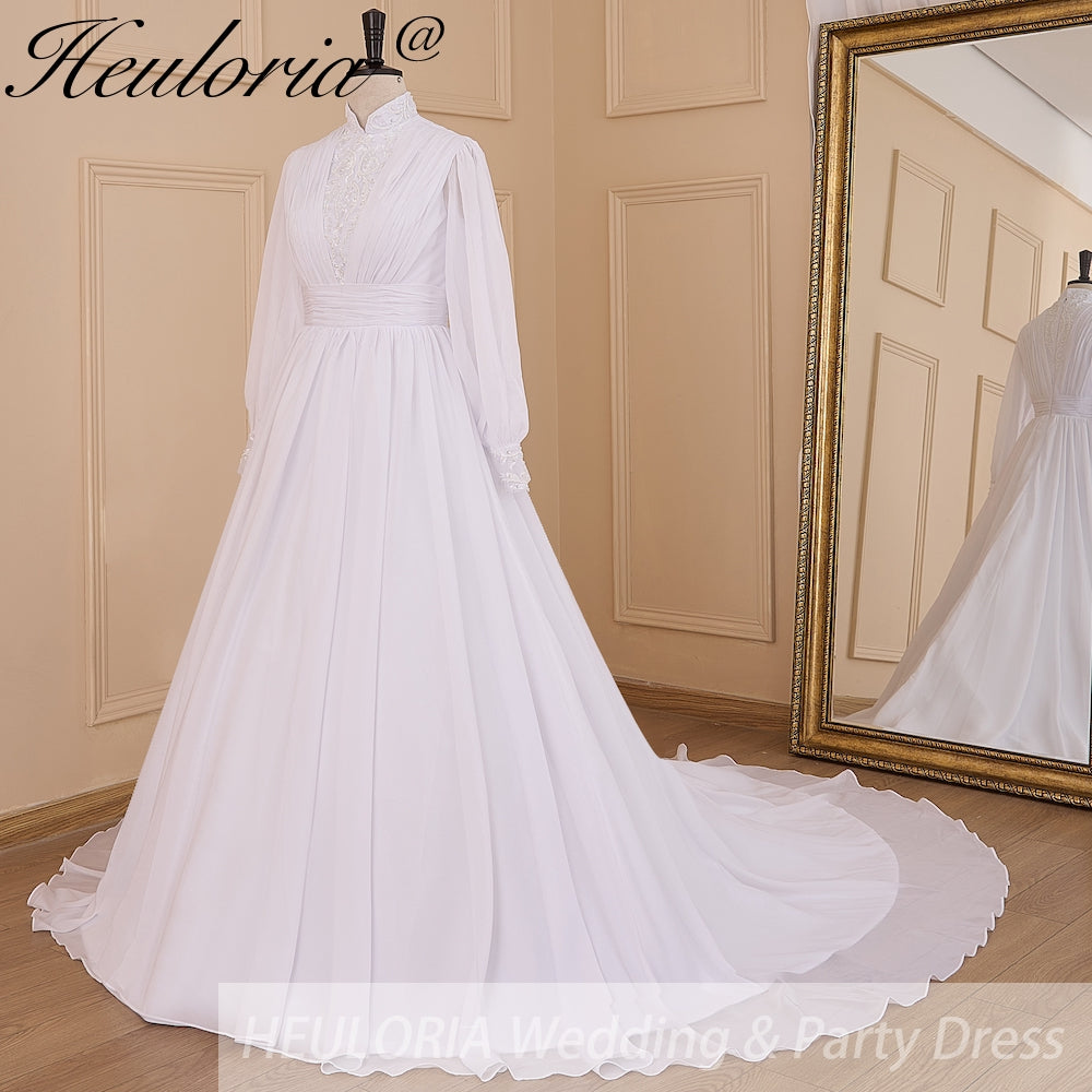 HEULORIA elegant lace beading Muslim ball gown Wedding Dress long sleeve high neck bride dress plus size bride Wedding Gown AL-615