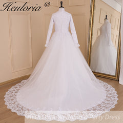 HEULORIA princess Wedding Dress long sleeve high neck bride dress lace beading Plus size muslim wedding gown court train BA-632