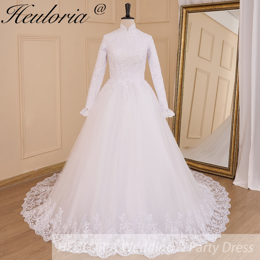HEULORIA princess Wedding Dress long sleeve high neck bride dress lace beading Plus size muslim wedding gown court train BA-632 Immagine principale del prodotto