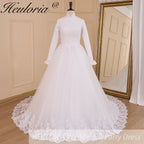 HEULORIA princess Wedding Dress long sleeve high neck bride dress lace beading Plus size muslim wedding gown court train BA-632