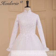 HEULORIA princess Wedding Dress long sleeve high neck bride dress lace beading Plus size muslim wedding gown court train BA-632