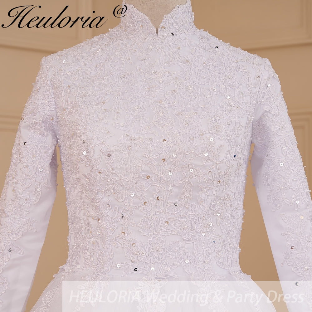 HEULORIA princess Wedding Dress long sleeve high neck bride dress lace beading Plus size muslim wedding gown court train BA-632