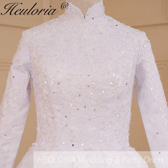 HEULORIA princess Wedding Dress long sleeve high neck bride dress lace beading Plus size muslim wedding gown court train BA-632