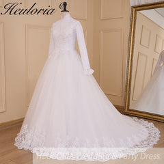 HEULORIA princess Wedding Dress long sleeve high neck bride dress lace beading Plus size muslim wedding gown court train BA-632