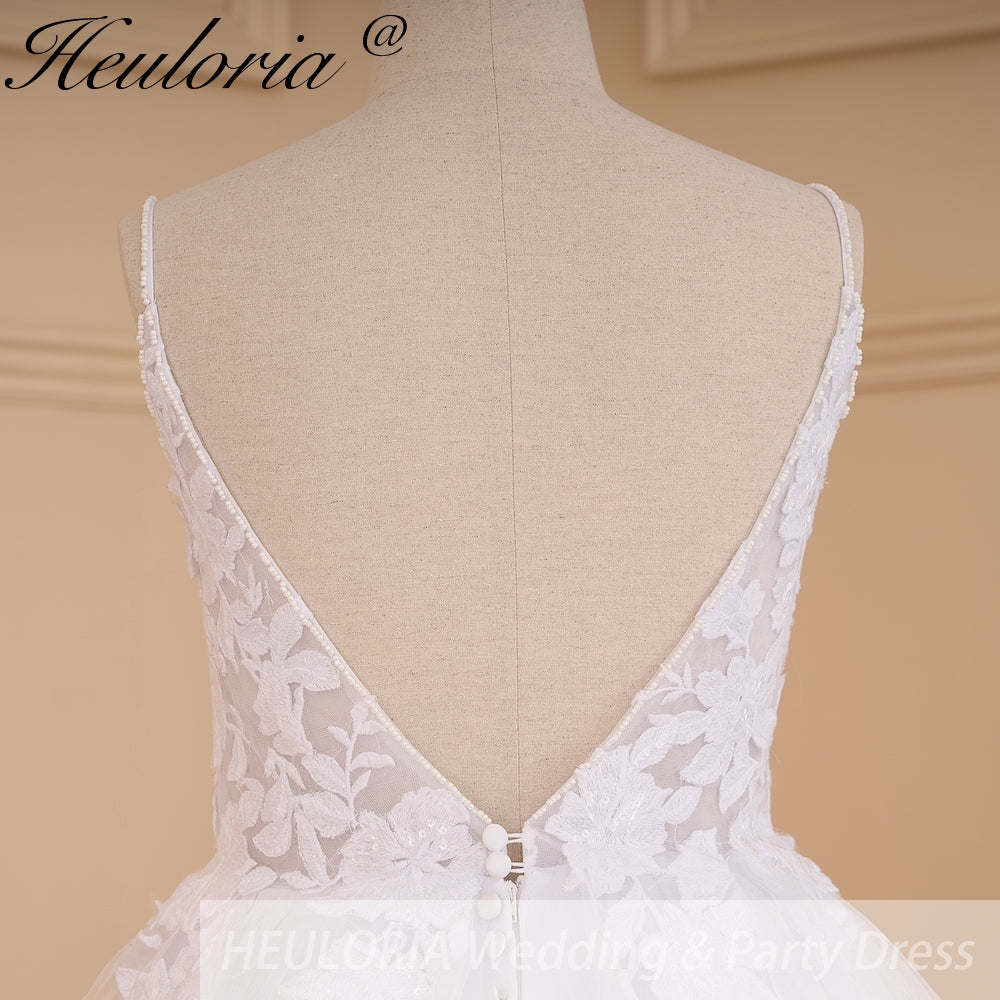 HEULORIA Elegant V-Neck Lace A-Line Wedding Dress - Beaded Spaghetti Straps & Illusion Floral Bodice AL-787
