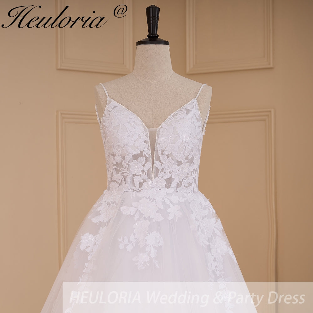HEULORIA Elegant V-Neck Lace A-Line Wedding Dress - Beaded Spaghetti Straps & Illusion Floral Bodice AL-787