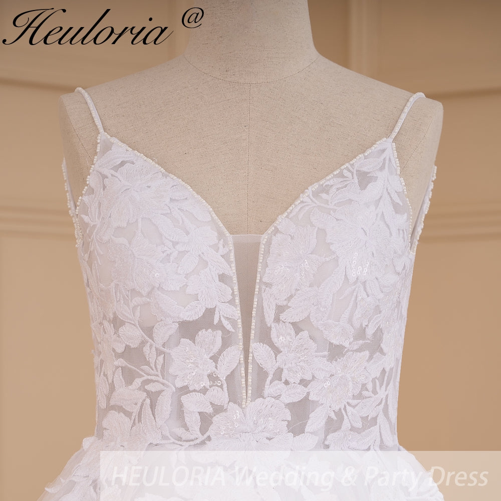 HEULORIA Elegant V-Neck Lace A-Line Wedding Dress - Beaded Spaghetti Straps & Illusion Floral Bodice AL-787