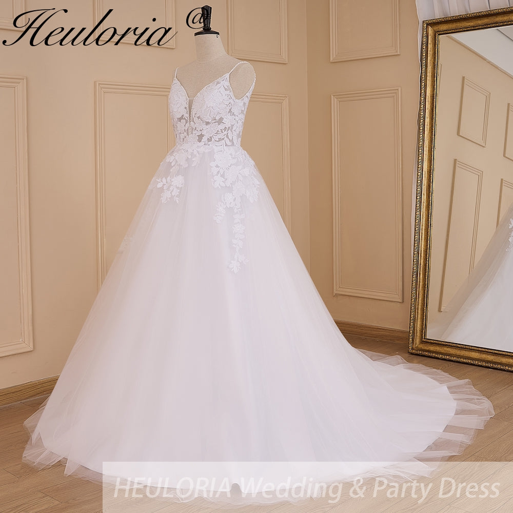 HEULORIA Elegant V-Neck Lace A-Line Wedding Dress - Beaded Spaghetti Straps & Illusion Floral Bodice AL-787