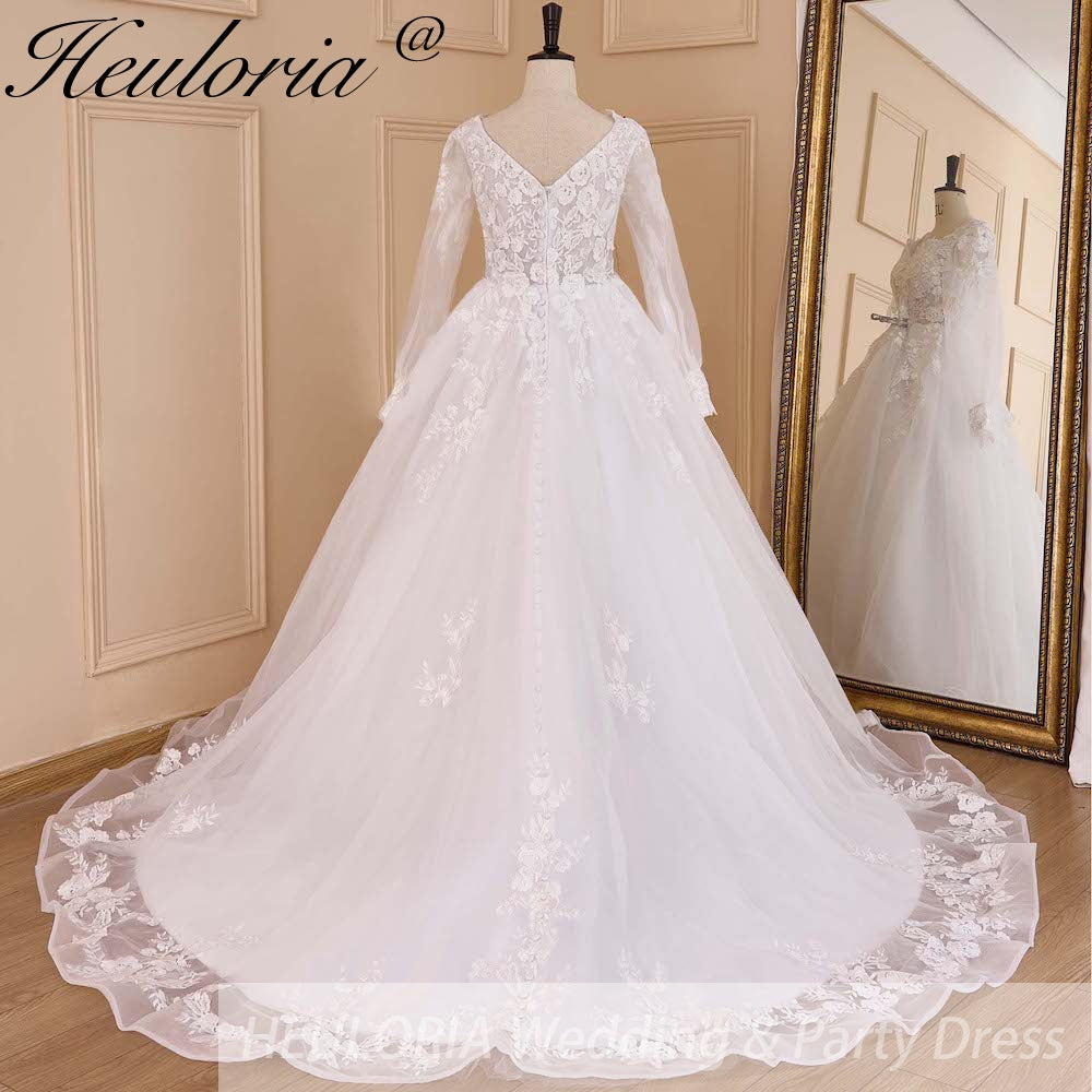 HEULORIA elegant A line wedding dress V neck long sleeve organza bride dress Robe De Mariee Wedding Bride Dress long train AL-656