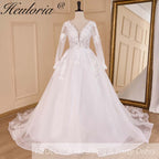 HEULORIA elegant A line wedding dress V neck long sleeve organza bride dress Robe De Mariee Wedding Bride Dress long train AL-656