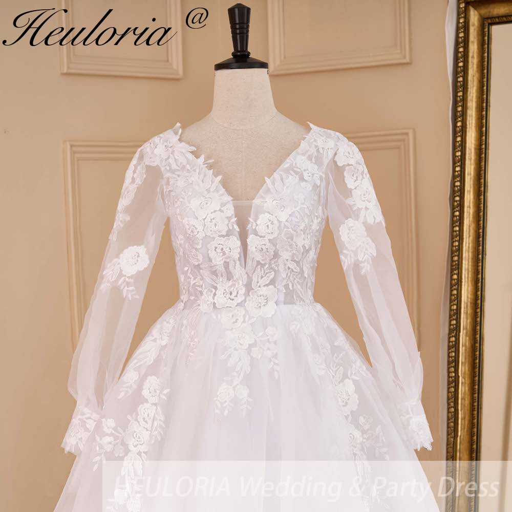 HEULORIA elegant A line wedding dress V neck long sleeve organza bride dress Robe De Mariee Wedding Bride Dress long train AL-656