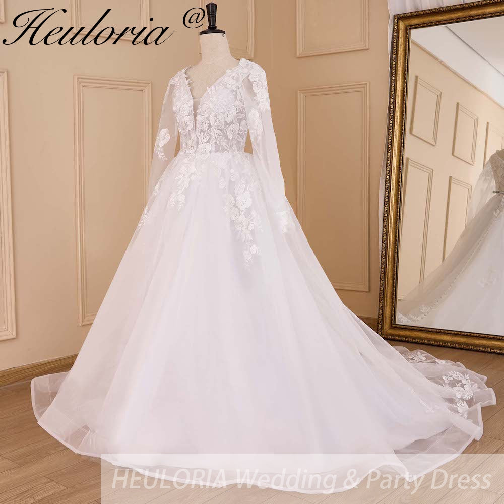 HEULORIA elegant A line wedding dress V neck long sleeve organza bride dress Robe De Mariee Wedding Bride Dress long train AL-656