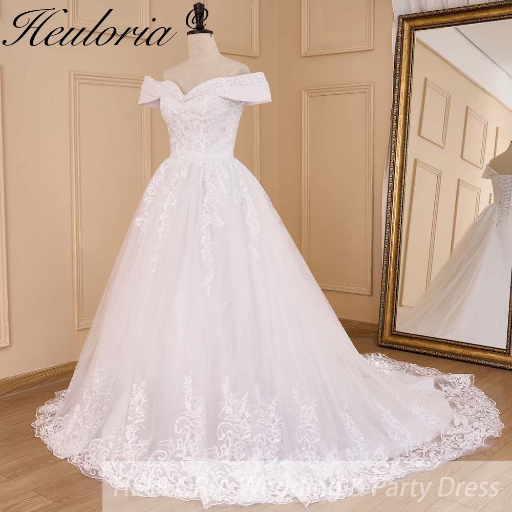HEULORIA Ball-Gown/Princess Off the Shoulder Court Train Tulle Lace Wedding Dress With Sequins Beading BA-655A
