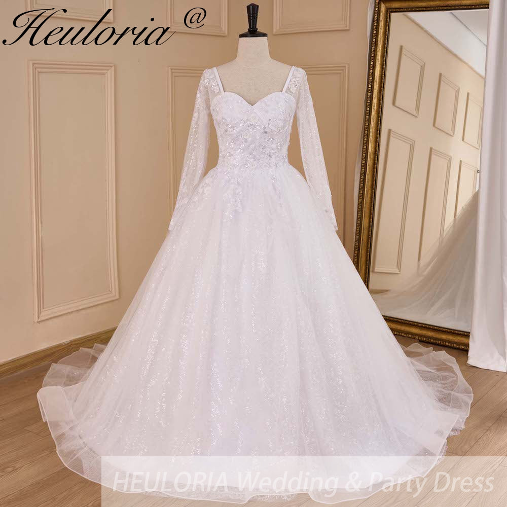 HEULORIA Ball-Gown/Princess long sleeve Chapel Train Lace Tulle Wedding Dress With Sequins Beading BA-654A