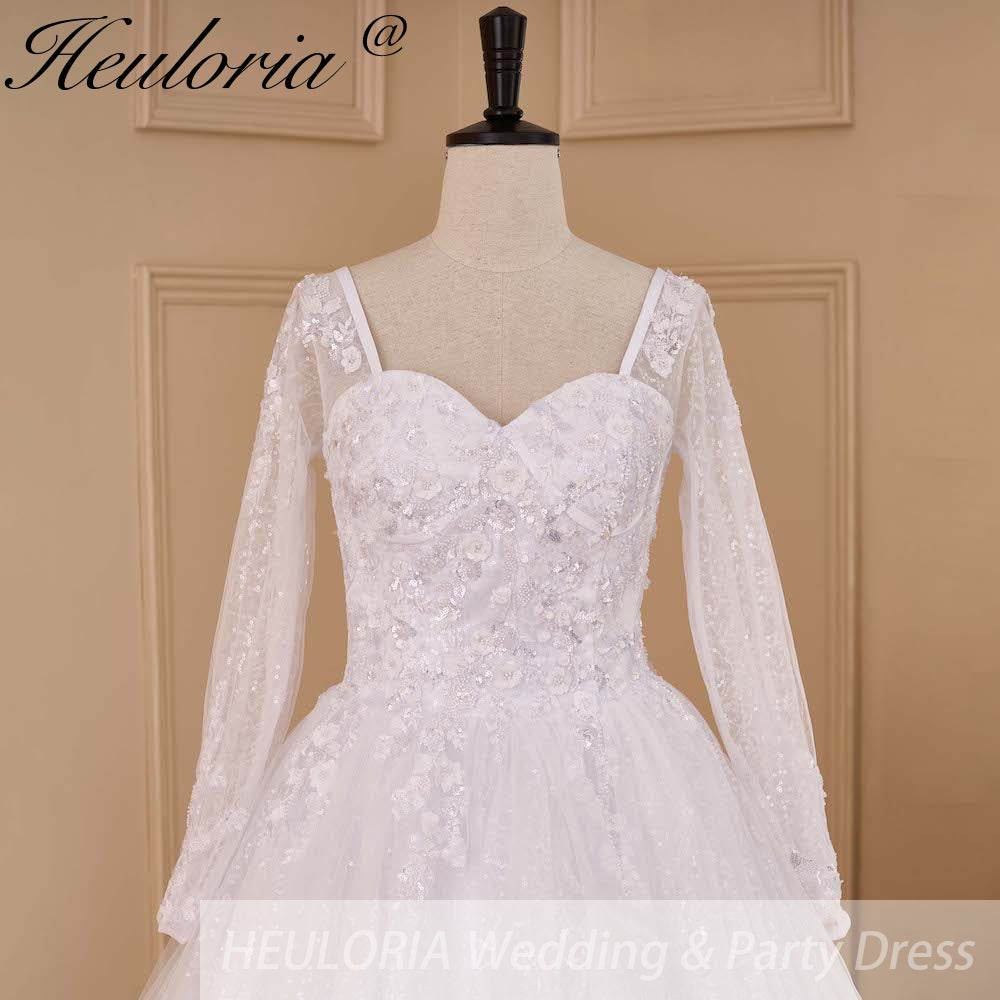 HEULORIA Ball-Gown/Princess long sleeve Chapel Train Lace Tulle Wedding Dress With Sequins Beading BA-654A