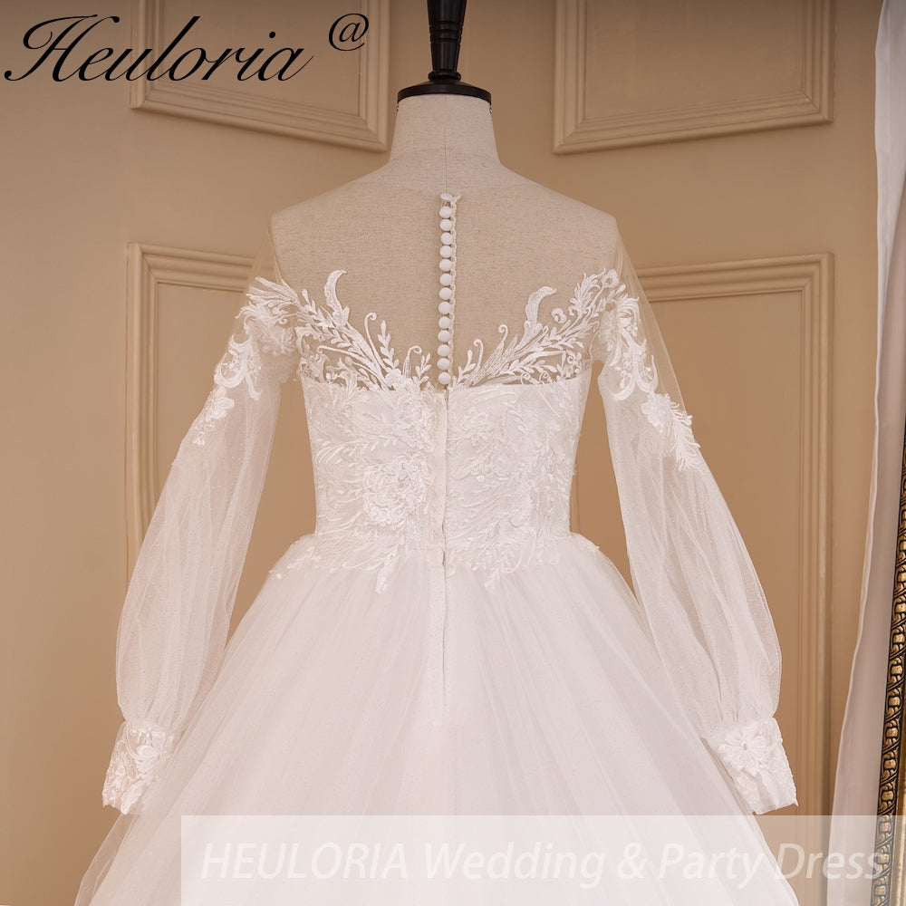 HEULORIA elegant A line wedding dress off shoulder Sparkly Glitter lace bridal dress long sleeve Robe De Mariee Wedding Bride Dress long train AL-800