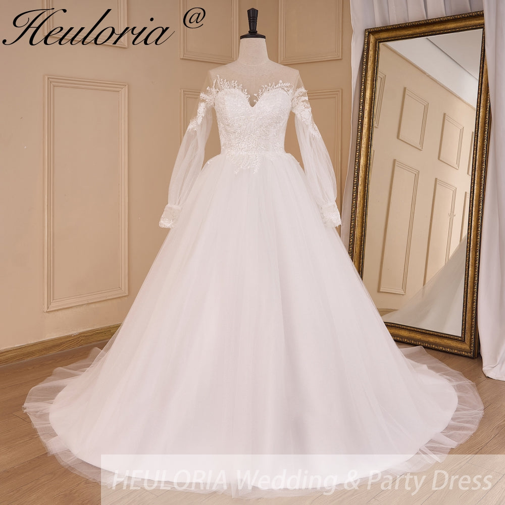 HEULORIA elegant A line wedding dress off shoulder Sparkly Glitter lace bridal dress long sleeve Robe De Mariee Wedding Bride Dress long train AL-800