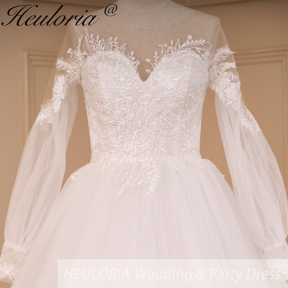 HEULORIA elegant A line wedding dress off shoulder Sparkly Glitter lace bridal dress long sleeve Robe De Mariee Wedding Bride Dress long train AL-800