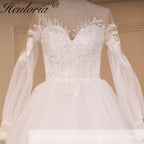 HEULORIA elegant A line wedding dress off shoulder Sparkly Glitter lace bridal dress long sleeve Robe De Mariee Wedding Bride Dress long train AL-800