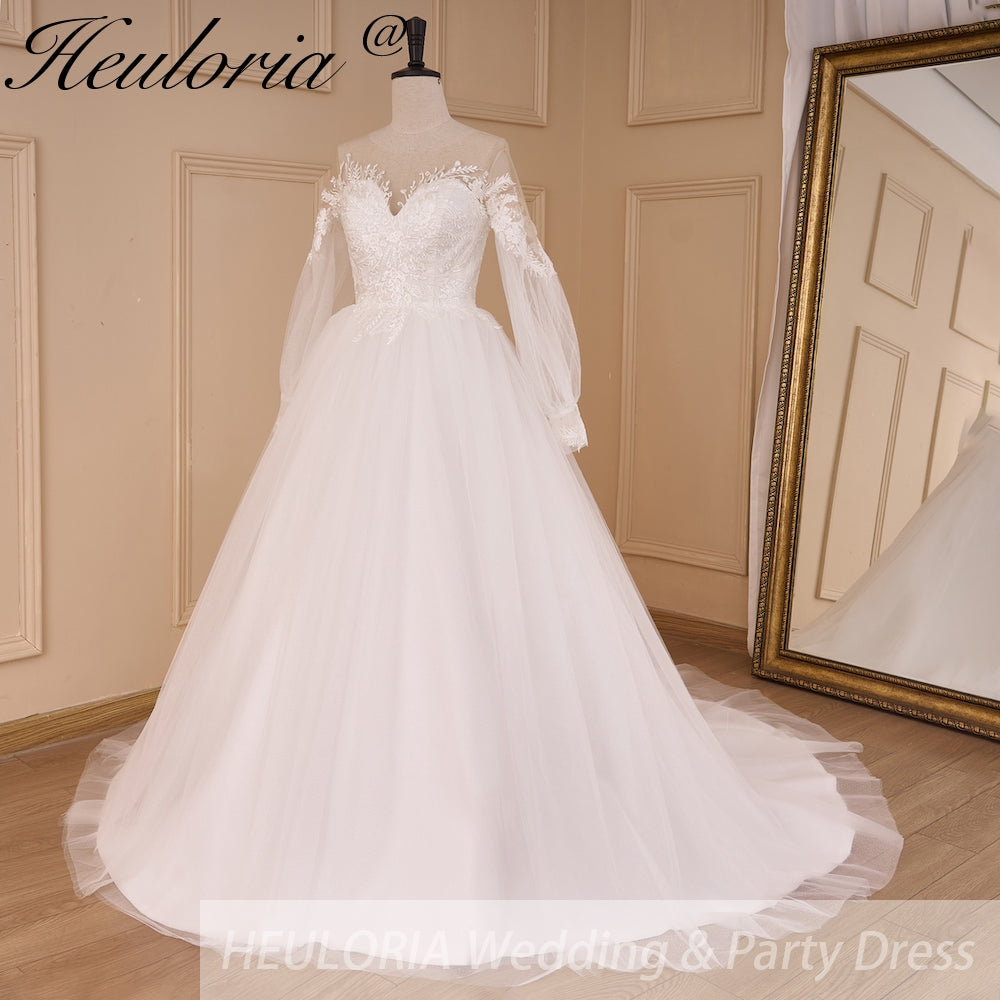 HEULORIA elegant A line wedding dress off shoulder Sparkly Glitter lace bridal dress long sleeve Robe De Mariee Wedding Bride Dress long train AL-800