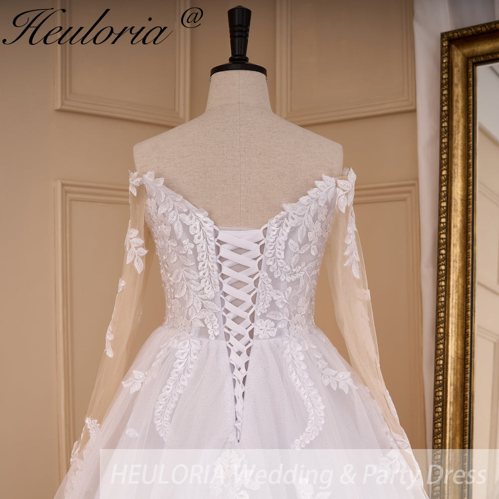 HEULORIA elegant A line wedding dress off shoulder Sparkly Glitter lace bridal dress long sleeve Robe De Mariee Wedding Bride Dress long train AL-817