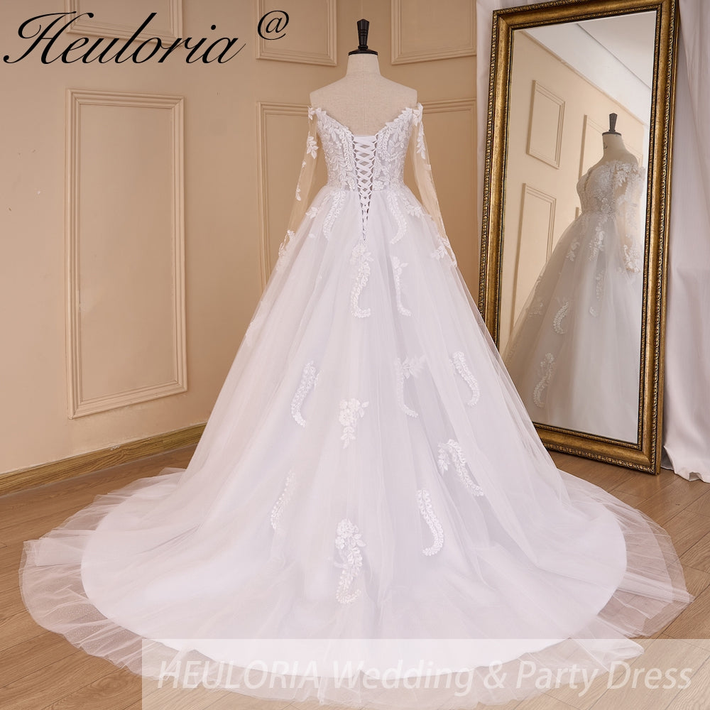 HEULORIA elegant A line wedding dress off shoulder Sparkly Glitter lace bridal dress long sleeve Robe De Mariee Wedding Bride Dress long train AL-817