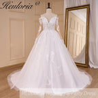 HEULORIA elegant A line wedding dress off shoulder Sparkly Glitter lace bridal dress long sleeve Robe De Mariee Wedding Bride Dress long train AL-817