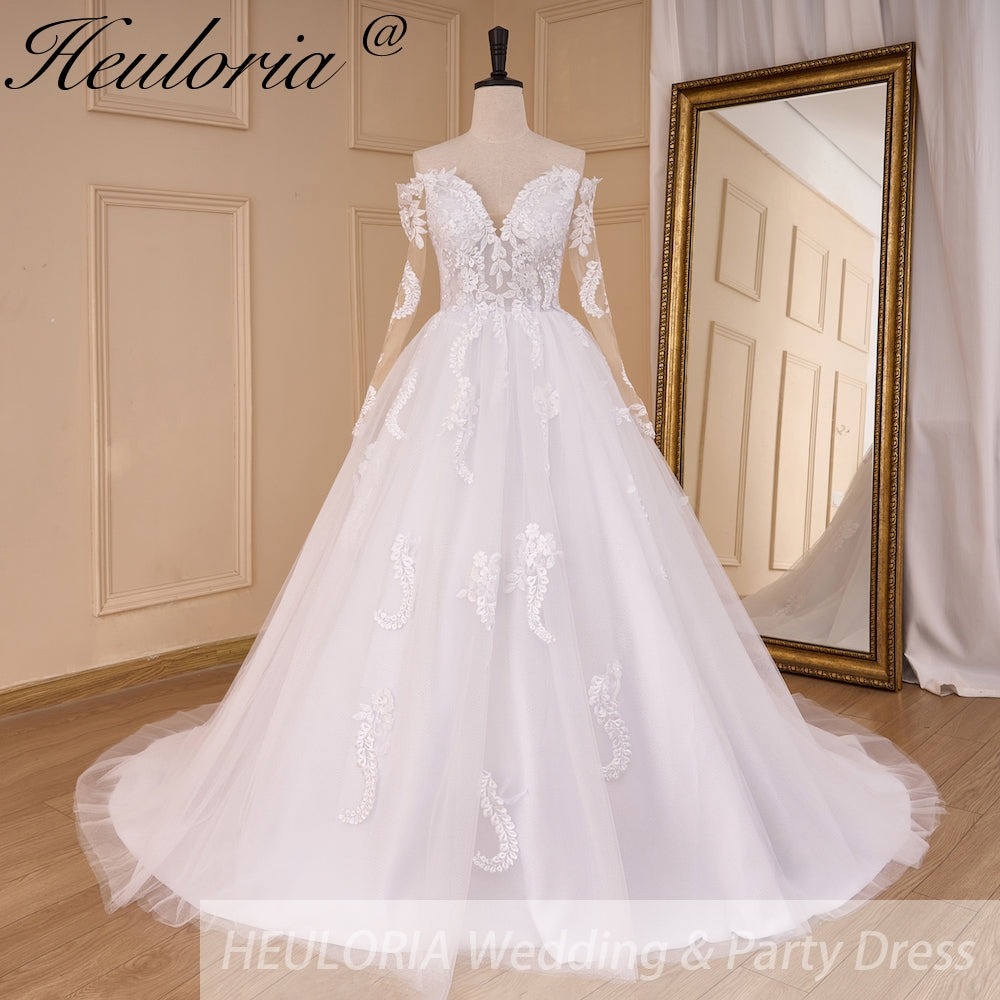 HEULORIA elegant A line wedding dress off shoulder Sparkly Glitter lace bridal dress long sleeve Robe De Mariee Wedding Bride Dress long train AL-817