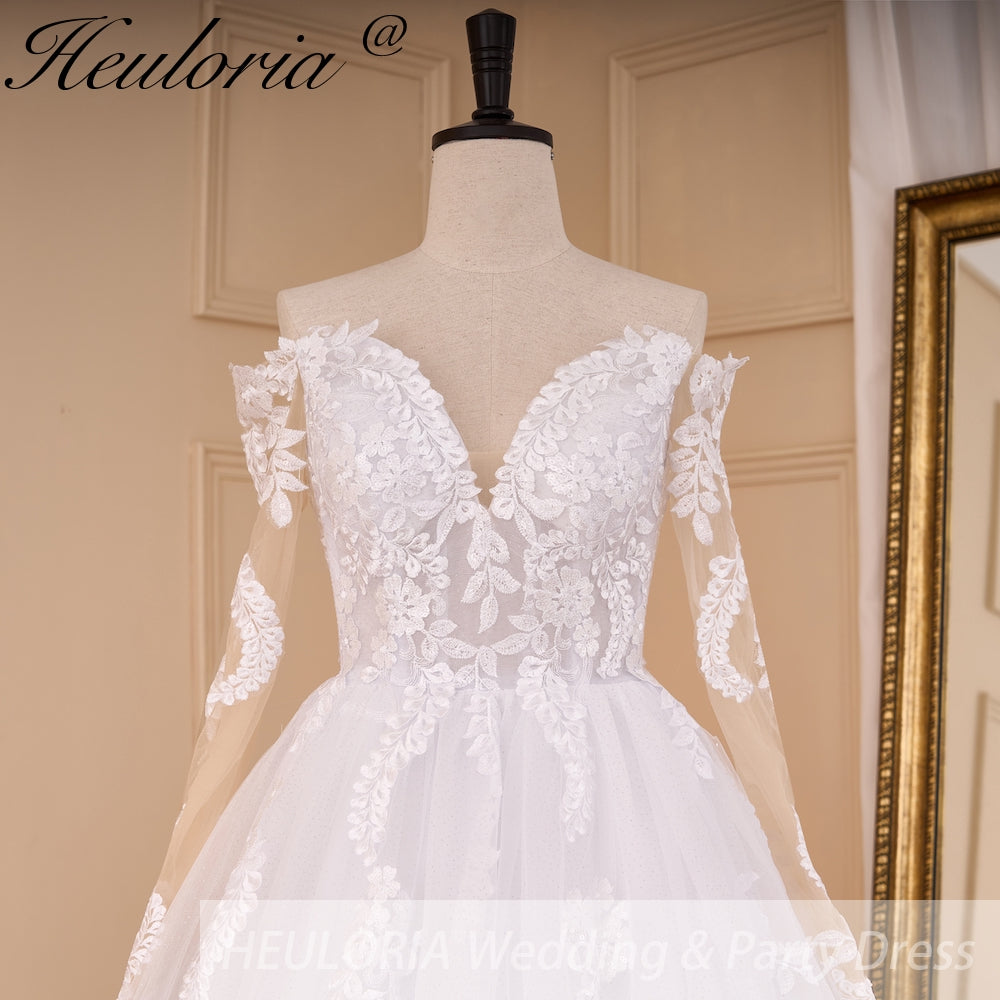 HEULORIA elegant A line wedding dress off shoulder Sparkly Glitter lace bridal dress long sleeve Robe De Mariee Wedding Bride Dress long train AL-817