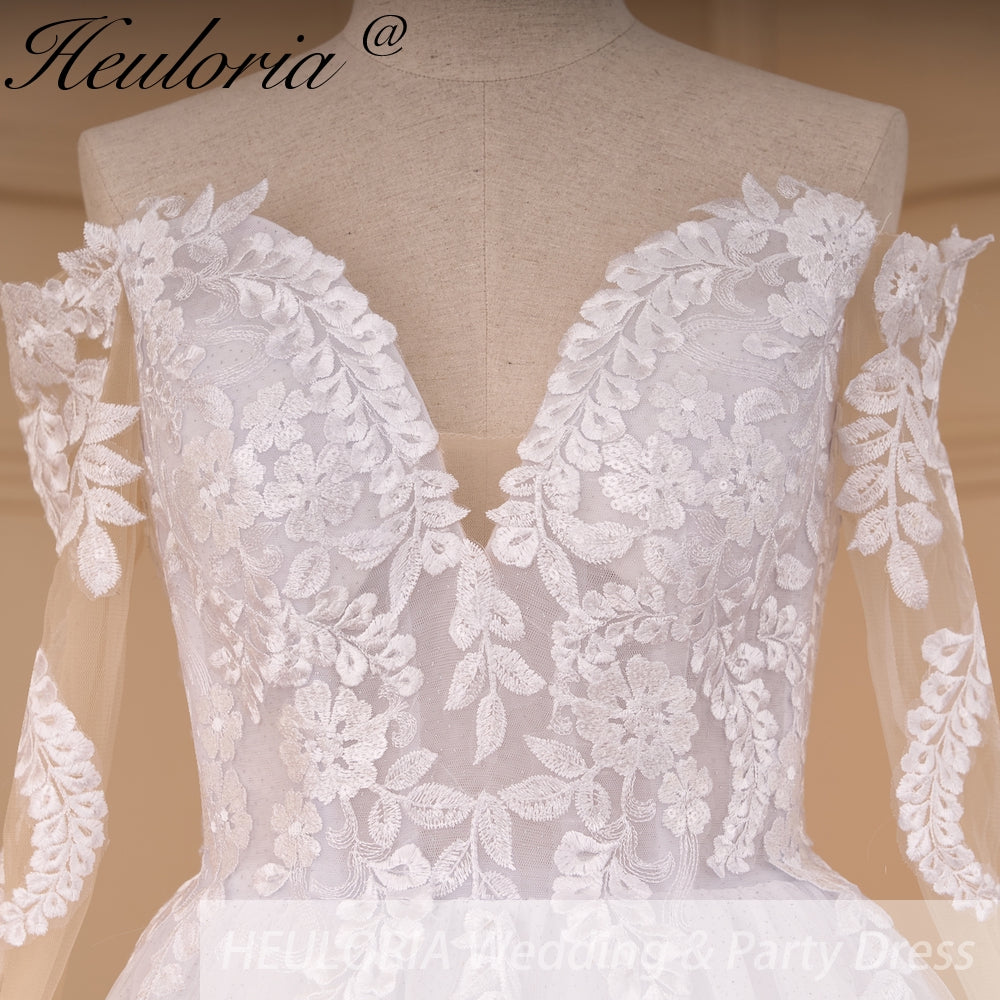 HEULORIA elegant A line wedding dress off shoulder Sparkly Glitter lace bridal dress long sleeve Robe De Mariee Wedding Bride Dress long train AL-817
