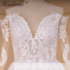 HEULORIA elegant A line wedding dress off shoulder Sparkly Glitter lace bridal dress long sleeve Robe De Mariee Wedding Bride Dress long train AL-817