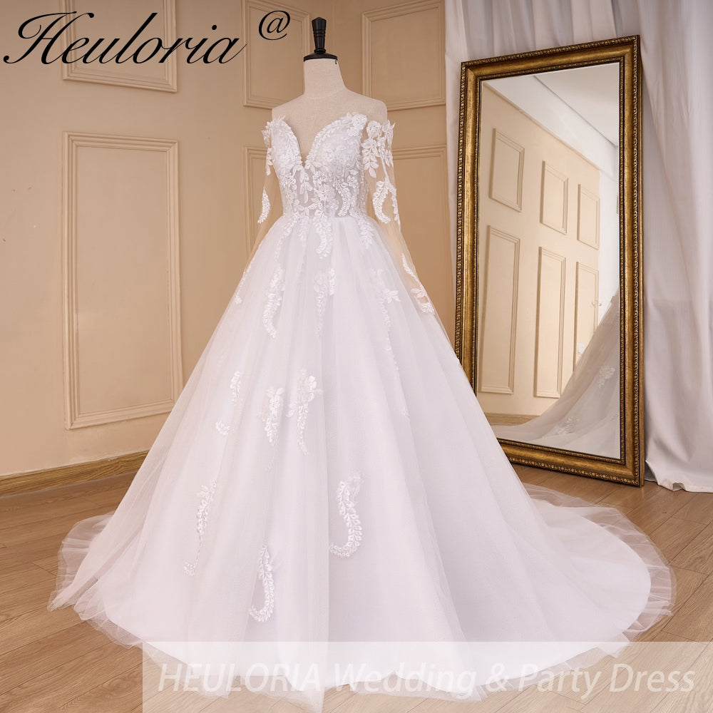 HEULORIA elegant A line wedding dress off shoulder Sparkly Glitter lace bridal dress long sleeve Robe De Mariee Wedding Bride Dress long train AL-817