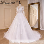 HEULORIA elegant A line wedding dress off shoulder Sparkly Glitter lace bridal dress long sleeve Robe De Mariee Wedding Bride Dress long train AL-817