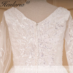 HEULORIA elegant A line wedding dress long sleeve Sparkly Glitter lace beading bride dress Robe De Mariee Wedding Bride Dress AL-820