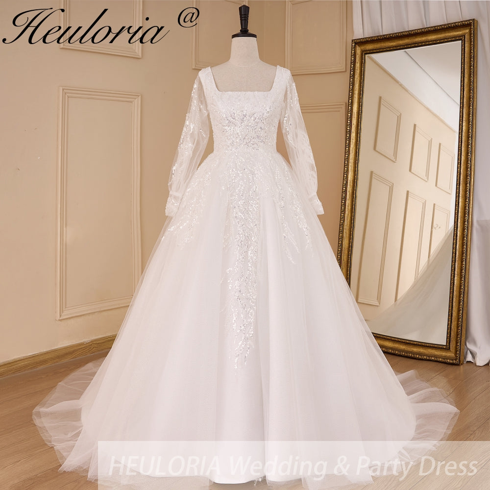 HEULORIA elegant A line wedding dress long sleeve Sparkly Glitter lace beading bride dress Robe De Mariee Wedding Bride Dress AL-820