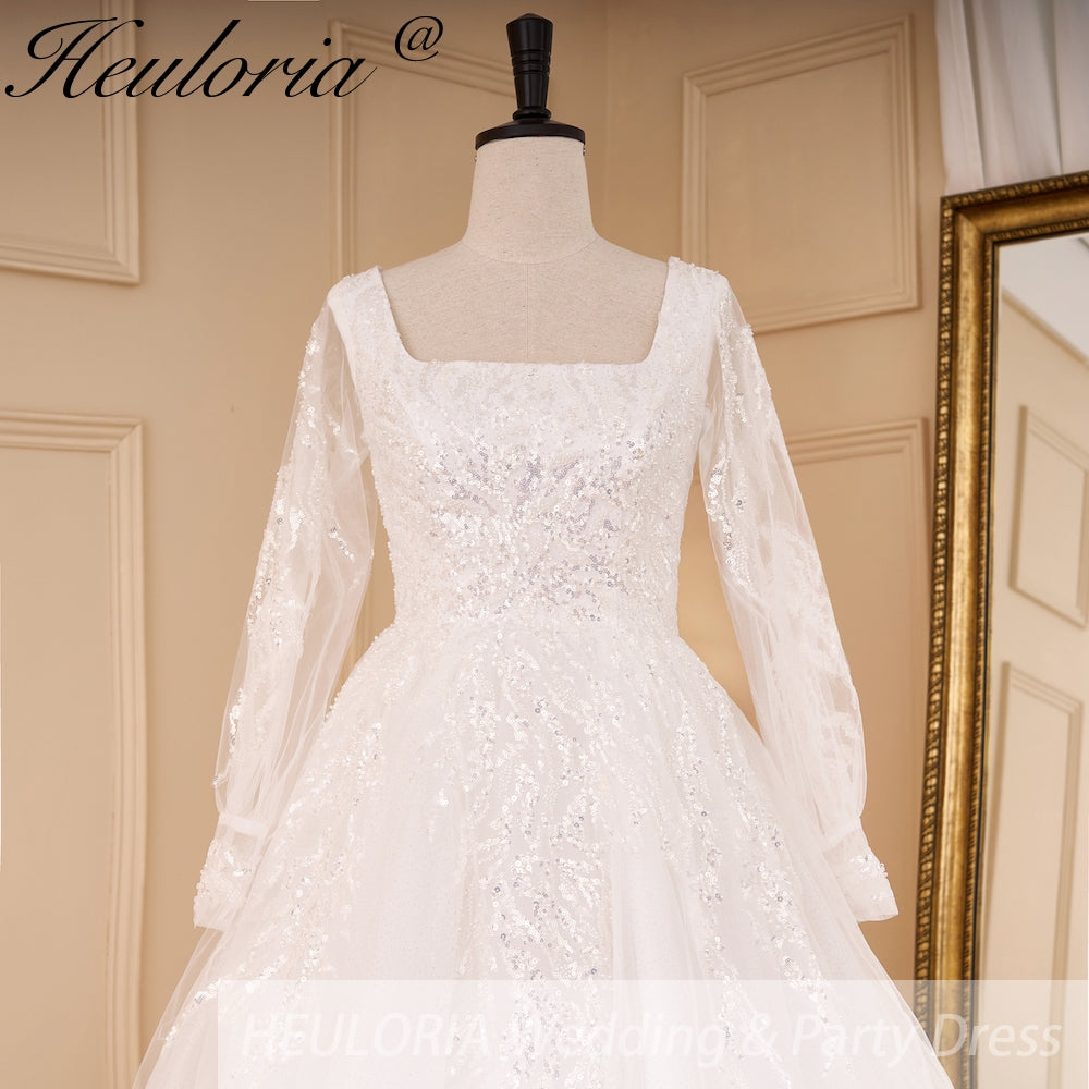 HEULORIA elegant A line wedding dress long sleeve Sparkly Glitter lace beading bride dress Robe De Mariee Wedding Bride Dress AL-820