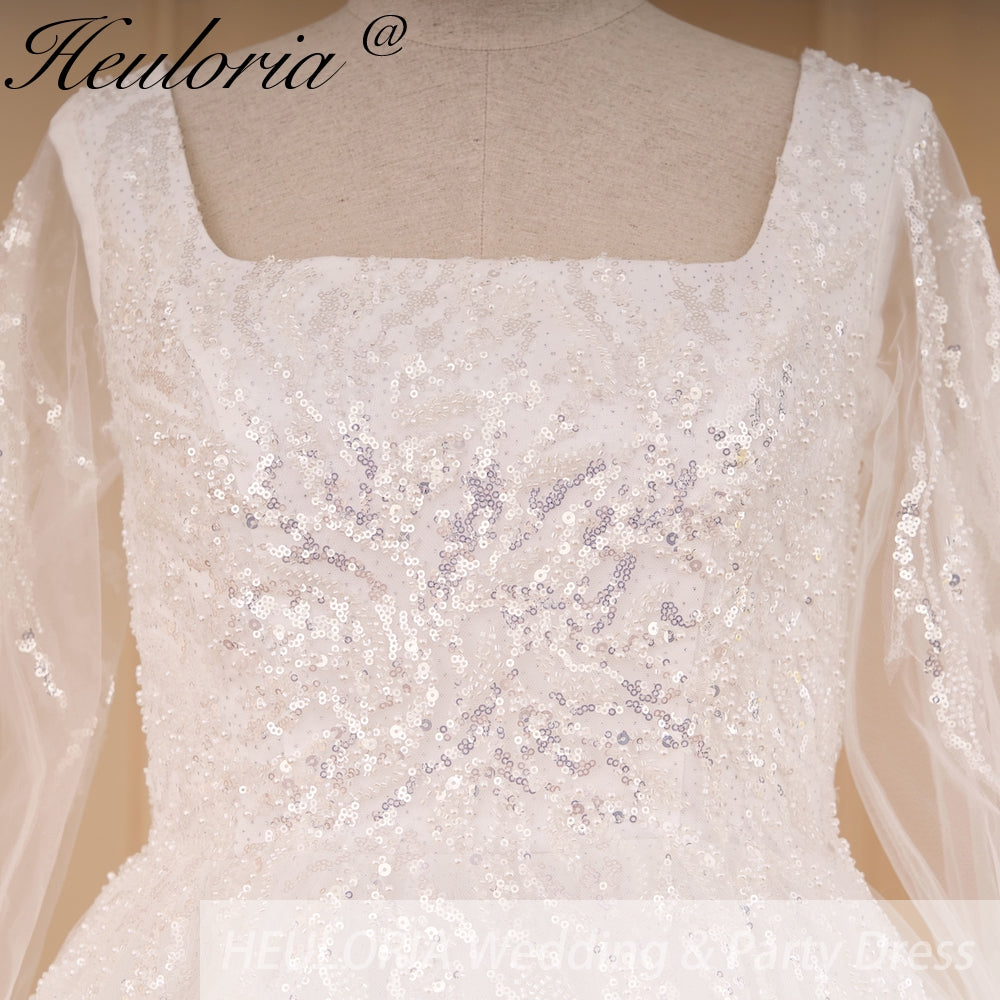 HEULORIA elegant A line wedding dress long sleeve Sparkly Glitter lace beading bride dress Robe De Mariee Wedding Bride Dress AL-820