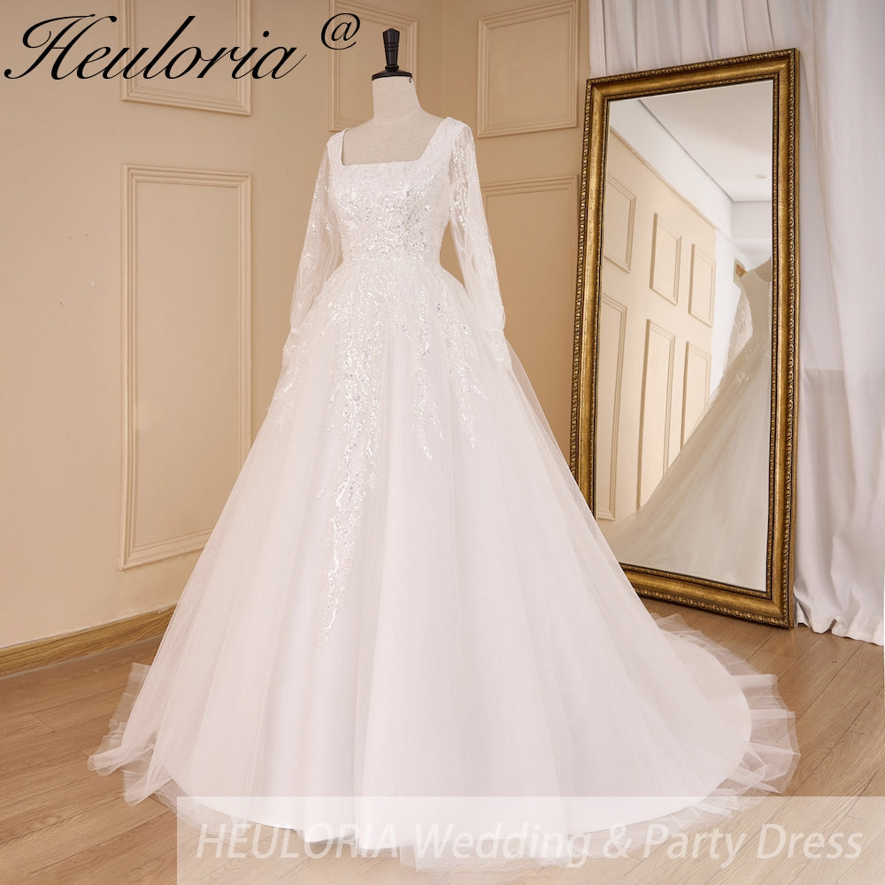 HEULORIA elegant A line wedding dress long sleeve Sparkly Glitter lace beading bride dress Robe De Mariee Wedding Bride Dress AL-820