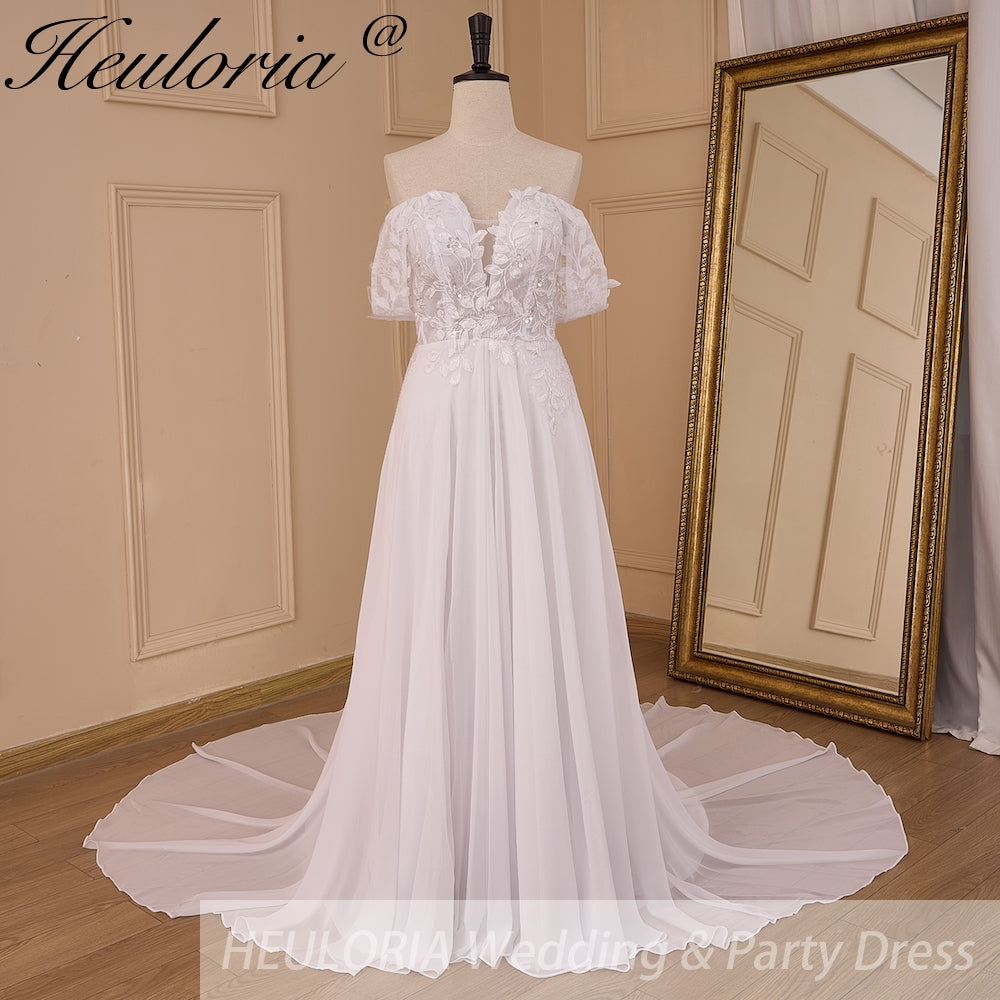 Elegant Boho A line Wedding Dress lace applique chiffon bride dress robe de mariee A line Wedding Bridal Gown AL-855 Main image